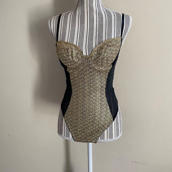 Vintage 90's Frederick's of Hollywood Gold Black Bodysuit USA Made Size M - Picture 3 of 12